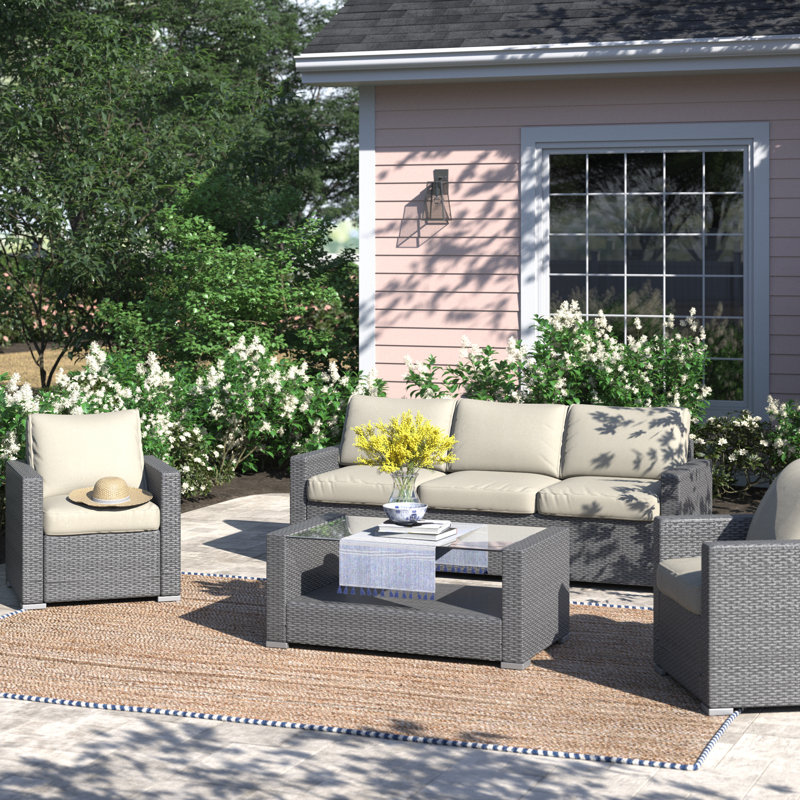 Jules 4 Piece Rattan Sofa Seating Group with Cushions & Reviews Joss